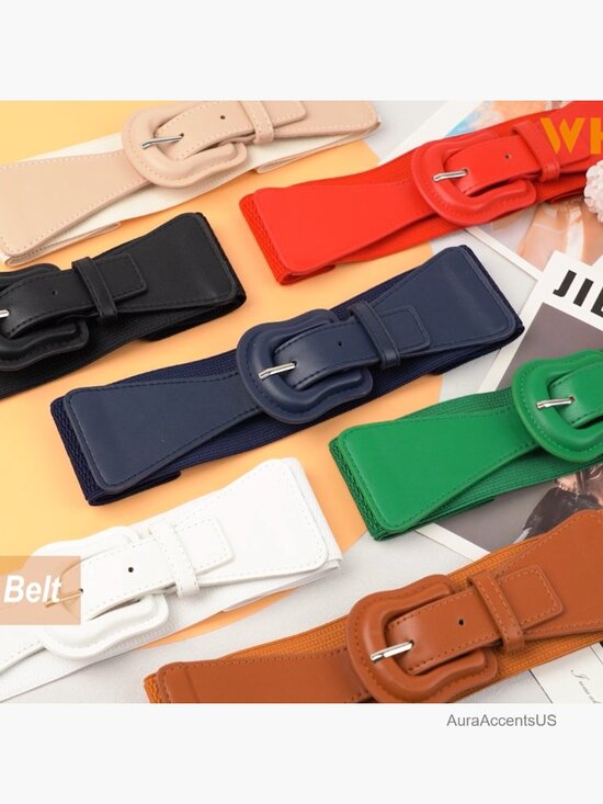 Women Wide Elastic Belt Stretch Dress Waistband Thick Leather Buckle main image 5